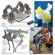 Obr. 3 a) štyri roboty spolupracujúce na výrobe jedného dielu, b) príklad dielu vyrobeného kooperatívnymi robotmi, c) koncový efektor nesúci tri horáky s piatimi oblúkmi, d) šesťosové robotické rameno držiace koncový efektor