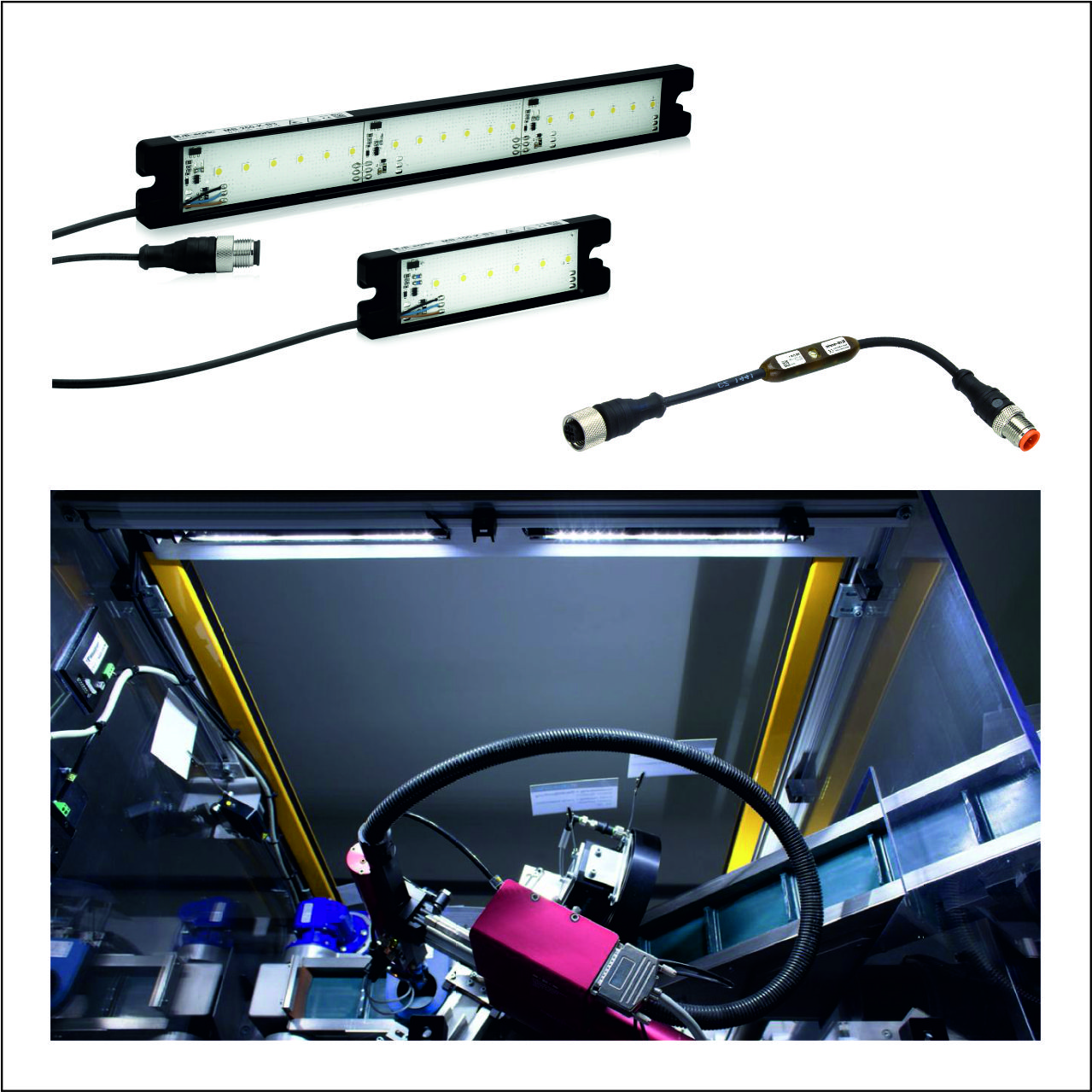 Obr 3 LED svetlá MB-100 a MB-250 na osvetľovanie pracovných priestorov, stmievač MB-DIM1 a aplikácia 2 ks MB-250 osvetľujúce pracovnú plochu