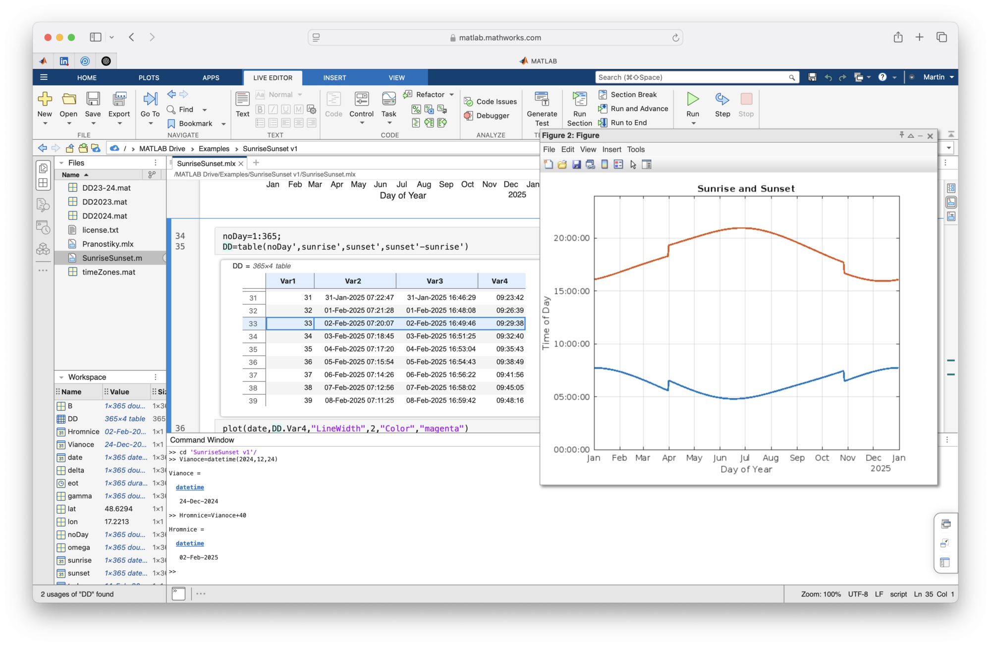 Obr. 1 Live Skript Sunset/Sunrise v MATLAB Online