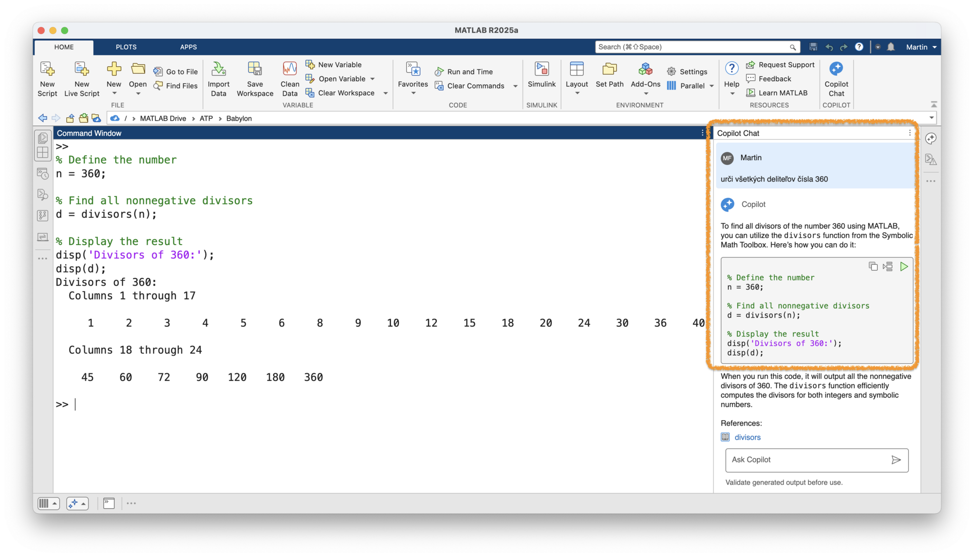 Obr. 1 MATLAB Copilot – výpočet deliteľov čísla 360