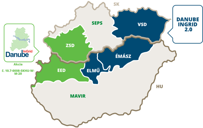 Obr. 1 Územie, na ktorom sa realizuje projekt Danube InGrid. Prvá vlna projektu sa realizuje na západe regiónu a je vyznačená zelenou farbou. Projekt bol neskôr rozšírený o druhú vlnu projektu, ktorá je vyznačená modrou farbou. Na obrázku sú uvedené aj spoločnosti, ktoré projekt v jednotlivých geografických oblastiach realizujú. SEPS sa do projektu zapája na západe aj východe Slovenska, maďarský prevádzkovateľ prenosovej sústavy MAVIR vystupuje v projekte ako podporovateľ.