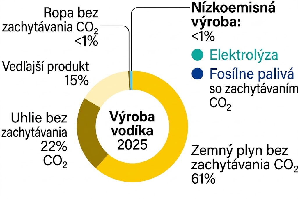 Obr. 3 Štruktúra výroby vodíka v r. 2025 (Zdroj: Global Hydrogen Review 2026)