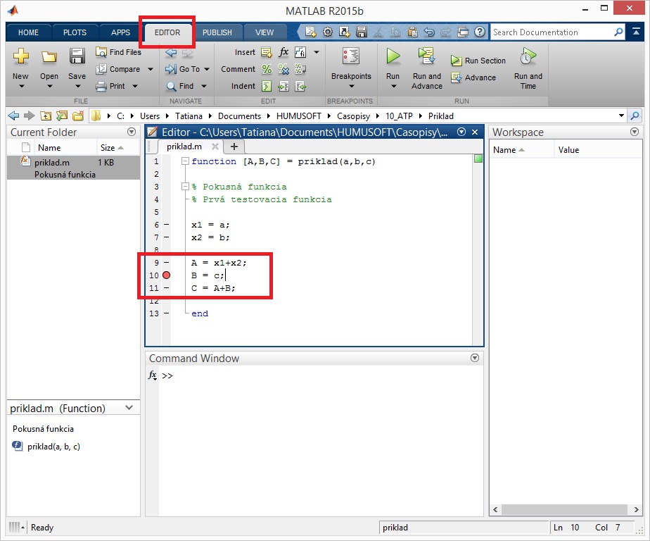 Ladenie skriptu - krokovanie, debugging v matlabe - Obr2