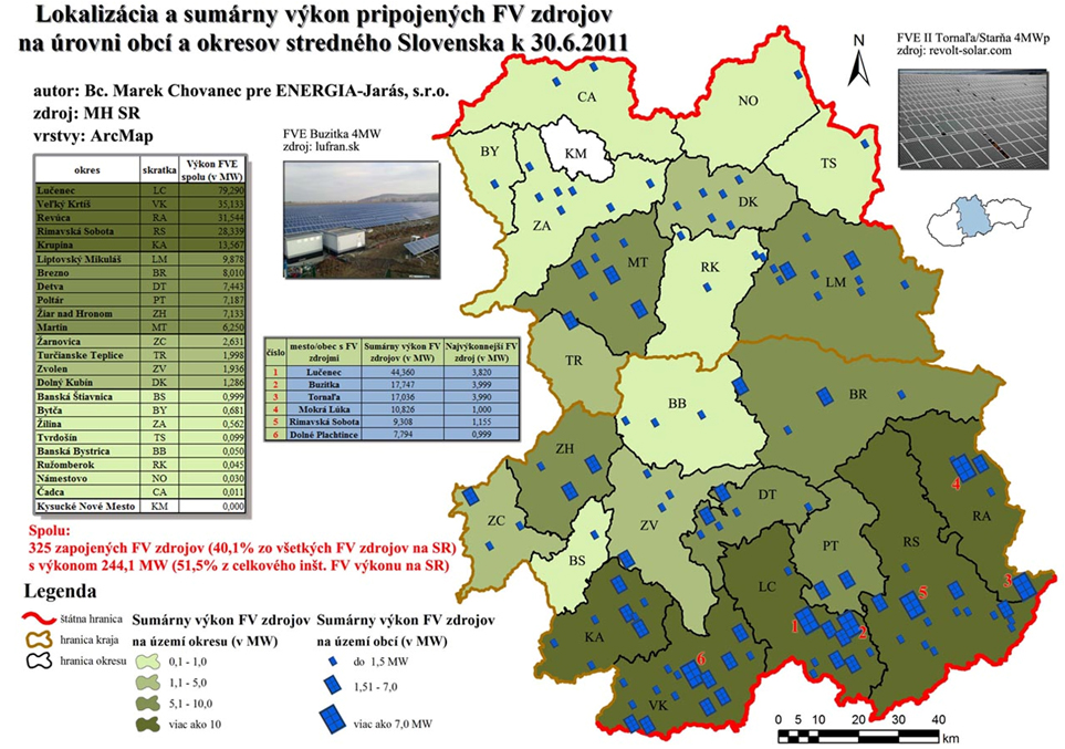 Obr. 2 Lokalizácia a sumárny výkon pripojených FV zdrojov na úrovní obcí a okresov stredného