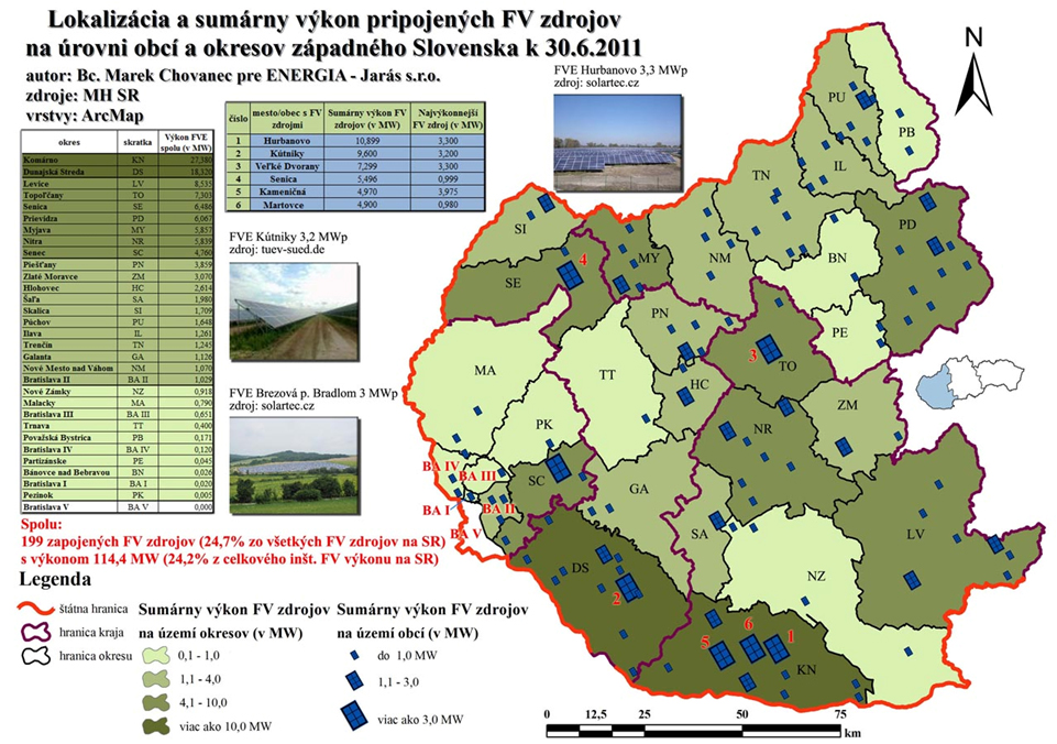 Obr. 4 ) Lokalizácia a sumárny výkon pripojených FV zdrojov na úrovní obcí a okresov západného